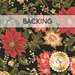 A swatch of black fabric with sprawling poinsettias and leaves lined with gold metallic. A banner at the top reads "Backing" and a golden Shabby Fabrics logo sits in the bottom right corner.
