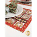 A close up on the placemat, staged under a white table setting with a coordinating cloth napkin, showing details on the print.