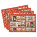The four completed Self-Binding Placemats, fanned out and colored in red, black, beige, and green fabrics from the Very Merry Gingerbread collection by 3Wishes, isolated on a white background. 