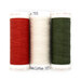 Three spools of red, white, and dark green thread, isolated on a white background. 
