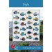 The front of the Fish quilt pattern featuring a patchwork geometric fish quilt by Cluck Cluck Sew.
