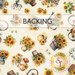 A swatch of cream fabric with tossed baskets, vases, and hats with sunflowers. A banner at the top reads "Backing" and a golden Shabby Fabrics logo sits in the bottom right corner.