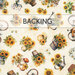 A swatch of cream fabric with tossed baskets, vases, and hats with sunflowers. A banner at the top reads "Backing".
