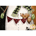 A close up on the panel of the quilt, showing details on the illustrated snowman and squirrels.