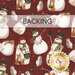 A swatch of dark red fabric with tossed whimsical snowmen with hats, scarves, and animal friends. A transparent banner at the top reads "Backing."