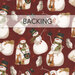 A swatch of dark red fabric with tossed whimsical snowmen with hats, scarves, and animal friends. A transparent banner at the top reads "Backing."