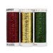Three spools of red, green, and gold metallic thread, isolated on a white background. 