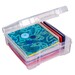 Image of the 6" x 6" clear storage bin filled with fat quarters, buttons, a needle, and zippers.