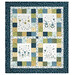The completed Friendship Garden Wall Hanging, colored in white, navy blue, green, and yellow fabrics from the Friendship Garden collection by Henry Glass Fabrics, isolated on a white background. 