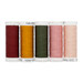 Five spools of red, ocher, green, pink, and peach threads, isolated on a white background. 