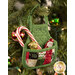 The backside of one Christmas Apron Ornament, demonstrating functionality on the dimensional back pocket where a candy cane and chocolate treats are nestled.