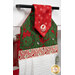 An angled close up on the top of the towel, demonstrating fabric colors on the prints and fabric button.