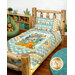 A shot of the Safari Snuggles pillowcase staged on a log bed in a child's room with the coordinating quilt.