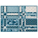 The four completed Fat Quarter Shuffle Mats, colored in cream and blue fabrics from the Special Delivery collection by Andover Fabrics, isolated on a white background. 