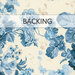 Swatch of cream fabric featuring tossed florals in blue; a transparent banner at the top reads "Backing." 