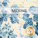 Swatch of cream fabric featuring tossed florals in blue; a transparent banner at the top reads "Backing." 