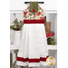 The completed Hanging Towel colored in cream, red, and green, fabrics from the Candlelight Christmas collection by Moda Fabrics, staged on a kitchen drawer with coordinating decor.