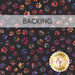 A swatch of black fabric with multicolored cat paw prints scattered across the design. A transparent banner at the top reads "Backing" and a golden Shabby Fabrics logo sits in the bottom right corner.