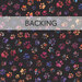A swatch of black fabric with multicolored cat paw prints scattered across the design. A transparent banner at the top reads "Backing".