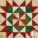A super close up on one of the patchwork blocks, demonstrating details on the fabric prints, colors, and gold metallic accents.