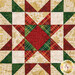 A super close up on one of the patchwork blocks, demonstrating details on the fabric prints, colors, and gold metallic accents.