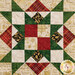 A super close up on one of the patchwork blocks, demonstrating details on the fabric prints, colors, and gold metallic accents.