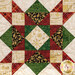 A super close up on one of the patchwork blocks, demonstrating details on the fabric prints, colors, and gold metallic accents.