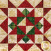 A super close up on one of the patchwork blocks, demonstrating details on the fabric prints, colors, and gold metallic accents.