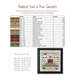 Page inside of booklet with a table showing color names and their corresponding DMC alternatives for embroidery threads, the stitch counts, and the finished pattern in a frame.