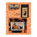 Collage of the finished Spooky, Black Cat Broom Co, and Onward Black Kitty patterns in frames and on pillows on an orange starry background.