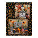 Collage of two finished Prim Witch patterns, with one on a book and one on a pillow, in front of a wooden plank wall surrounded by witches, pumpkins, and florals on a candy corn background.