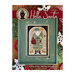 Front cover with the finished Green Coat Santa cross stitch pattern with Santa holding his present bag, a snowman ornament, and a small Christmas tree in front of a red house.