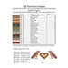 Page inside of booklet with a table showing color names, their corresponding DMC alternatives for embroidery threads, the linen used, and the stitch counts.