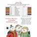 Page inside of booklet with a table showing color names, their corresponding DMC alternatives for embroidery threads, the linen used, the stitch counts, and three smiling snowmen.