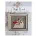 Finished Whispy Winds pattern of snowmen hugging each other in a gray frame on top of a chipped wooden backdrop.