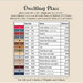 Page inside of booklet with a table showing color names, their corresponding DMC alternatives for embroidery threads, the linen used, and the stitch counts.