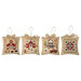 The four completed Farmhouse Christmas Cross Stitch Ornaments, stitched on beige aida cloth in Christmas colors, isolated on a white background. 