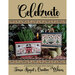 Cover of the Celebrate cross stitch book with two finished patterns in front of a cozy, wintery backdrop.