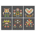 Digital rendering of the folk flower motifs on a soft black background.
