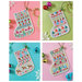 The four finished stocking ornament projects each on a different color background.