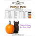 Back of the pattern with a table listing floss specifications and requirements and a cat next to a small pumpkin.