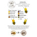 Back of the pattern with a list of floss specifications, requirements, three honey bees, and charm/stitch options for the bee accent.
