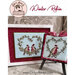 Front cover of the finished Winter Robin cross stitch patterns in frames on a red fabric.