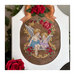 Finished Tiny Angels pattern of two angels sharing a rose surrounded by an ornate gold and rose border in a bevelled, white wood frame accented with roses.