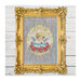 Finished My Angel pattern of an angel inside of an ornamental gold and rose border on a striped fabric framed by an ornate gold frame.