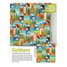 Front cover of the finished Outdoors quilt pattern with bears, deer, rabbits, and birds among trees and mountains.