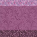 Violet fabric with a distinctive striped design with 8 unique coordinating patterns, including florals, leaves, dots, and other classic motifs.