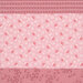 Pink fabric with a distinctive striped design with 8 unique coordinating patterns, including florals, paisley, stripes, and other classic motifs.