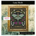 A digital mock up of the Luna Moth pattern with coordinating décor and a stitch count in the bottom right corner. 