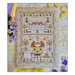 Finished Summer Sampler cross stitch pattern with florals, bees, beehives, trees, and more on a tan linen fabric surrounded by summer florals.